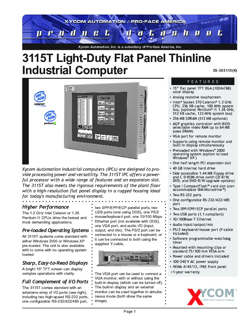 First Page Image of 3115T-1200-256-XP Light-Duty Flat Panel Thinline Industrial Computer.pdf